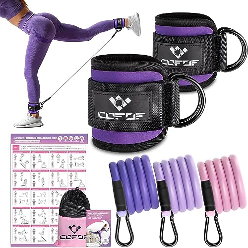Ankle Resistance Bands with Cuffs, Ankle Bands for Working Out, Ankle Band Cuff for Kickbacks Hip, Leg Glute Exercise Equipment with Training Poster, Resistance Band with Ankle Cuffs for Women(Purple)