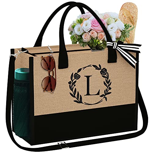 YOOLIFE Birthday Gifts for Women - Personalized Embroidery Beach Jute Bag Letter L Tote Bag with Zipper Gifts for Mothers Day Wedding Bridesmaid Bridal Shower Friends Mom Teacher Birthday Gifts