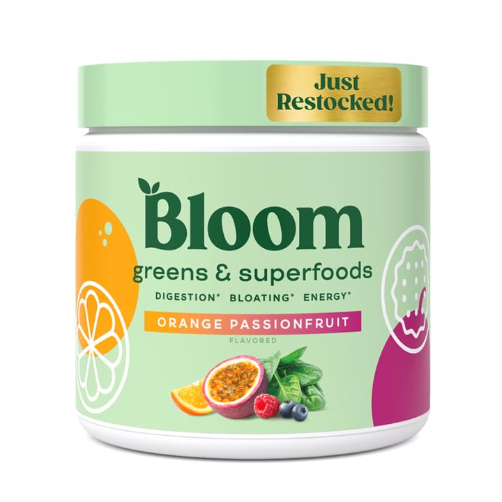 Bloom Nutrition Greens and Superfoods Powder for Digestive Health, Greens Powder with Digestive Enzymes, Probiotics, Spirulina, Chlorella for Bloating and Gut Support, 30 SVG, Orange Passionfruit