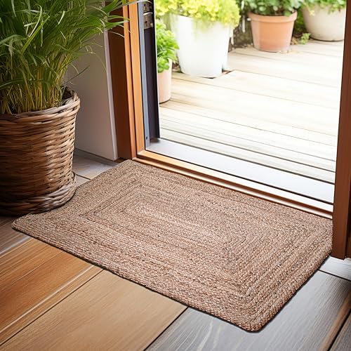 Hausattire Hand Woven Jute Braided Rug, 2'x3' – Natural, Reversible Boho Entry Area Rugs for Kitchen, Living Room I Farmhouse Indoor Outdoor Decorative Floor Rug, 24x36 Inches