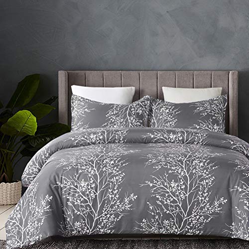 Vaulia Lightweight Cooling Microfiber Duvet Cover Set, Grey and White Floral Branches Printed Pattern All Season - Queen Size, 3-Piece Set (1 Duvet Cover 2 Pillow Shams)
