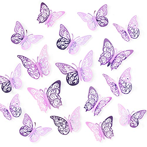 72 Pcs Butterfly Decorations, 3 Sizes 3 Styles, 3D Butterfly Wall Decor, Butterfly Party Decorations, Birthday Decorations, Butterflies for Crafts, Cake Decorating, Wall Stickers Room Decor (Lavender)