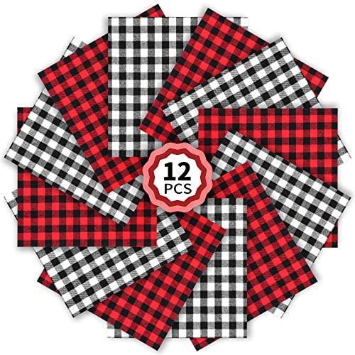 Christmas Red Black Buffalo Plaid - 12 Sheets 12 x 12 Inch Heat Transfer Vinyl Red & Black Plaid Fabric Printed Vinyl Sheets Adhesive Iron on Vinyl for Clothes