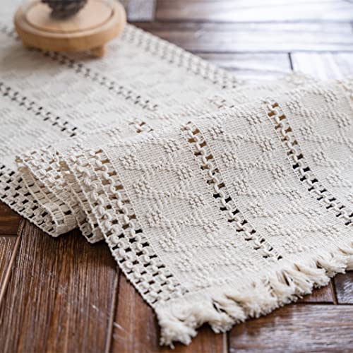 Alynsehom Macrame Table Runner Cream Beige Boho Table Runner with Tassels Hand Woven Cotton Table Runner Rustic Farmhouse Table Runner for Bohemian Kitchen Dining Table(12x71in)