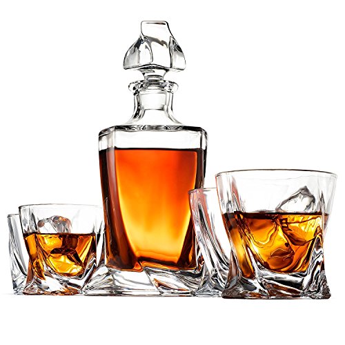 FineDine 5-Piece European-Style Whiskey Decanter & Glass Set - With Magnetic Gift Box - Exquisite Quadro Design Liquor Decanter & 4 Whiskey Glasses - Perfect Set for Scotch Alcohol Bourbon