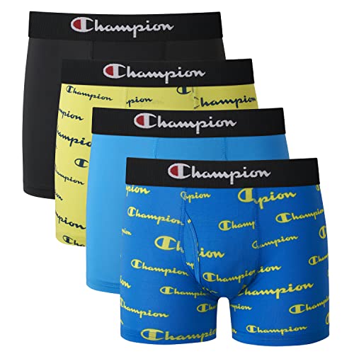 Champion Men's Boys' Underwear, Everyday Active Stretch Boxer Briefs, Assorted 4-Pack, Black/Blue/Scripts, Medium