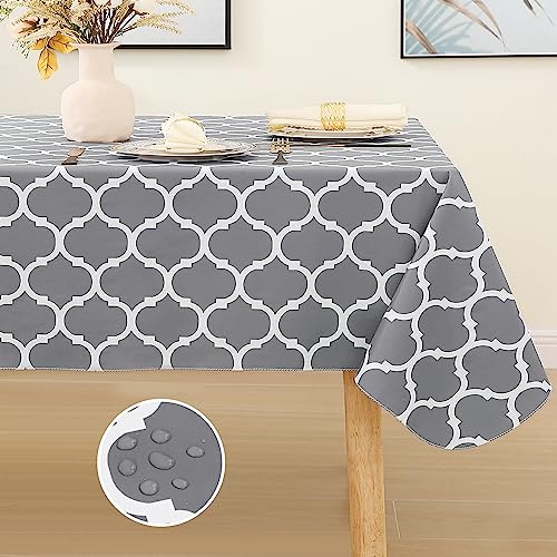 smiry Rectangle Tablecloth, Waterproof Vinyl Tablecloths with Flannel Backing for Rectangle Tables, Wipeable Spillproof Plastic Tablecloth for Dining, Camping, Indoor and Outdoor (60' x 84', Grey)