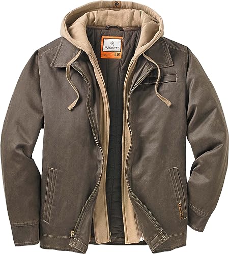 Legendary Whitetails Dakota Jacket Full Zip Up Winter Coat for Men Rugged Waxed Cotton Canvas Outerwear Hooded Trucker Western Style Clothing, Tobacco, Large