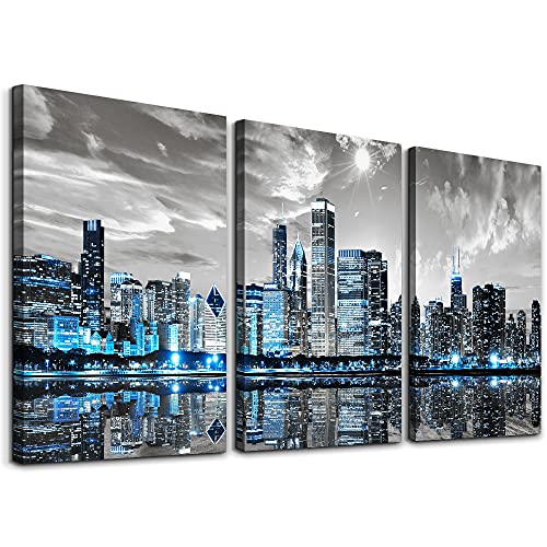 SERIMINO Wall Decor Living Room Modern City Chicago Skyline Pictures Canvas Wall Art for Bedroom Poster for Office Farmhouse 3 Pieces Set Wood Framed Night Scene Prints Paintings for Home