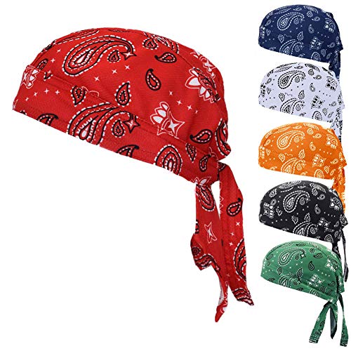Dew Rags Bandana Caps Cooling Helmet Liner Sweat Wicking Beanie Paisley Doo Rag Hat Large Head Wrap Skull Headwrap for Men and Women (Paisley 6 Pack)