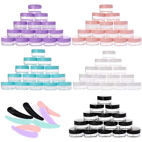 100 Count 10 gram Small Round Sample Containers with lids Cosmetic Jars Plastic Jars Makeup Containers Lip Scrub Containers Leak Proof and 10Pcs Mask Spatula for Beauty Products