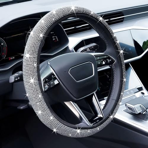 Limsas Bling Rhinestone Steering Wheel Cover with Crystal Diamond for Women, Sparkling Car Wheel Protector Universal Fit 14-15 inches - White