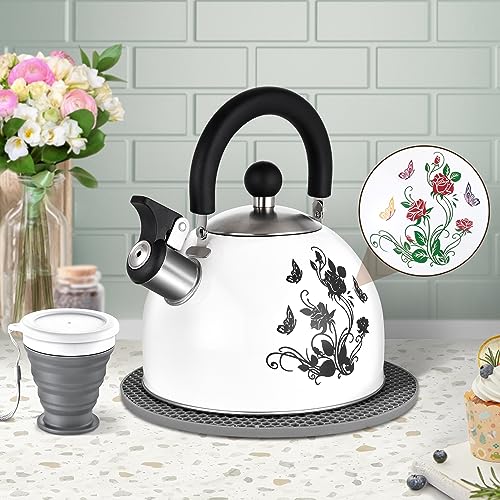 ARC Stainless Steel Whistling Tea Kettle, Magic Color Changing Design 2-Quart Stovetop Kettle Whistle Kettle with Folding Cup & Trivet Mat