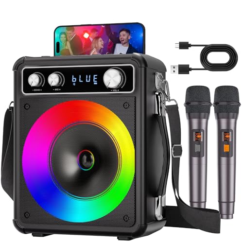 VOSOCO Karaoke Machine, Portable Bluetooth Karaoke Speaker with 2 Wireless Microphones, PA System for Adults Kids with LED Lights, Supports REC/FM/AUX/USB/TF for Home Party