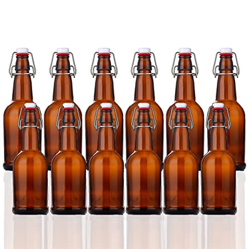 SureSave Beer Bottles with Easy Flip Top | 16 Oz Amber Glass Bottle Set with Airtight Cap for Kombucha, Carbonated Drinks, Brewing, and Fermenting (12 Pack)