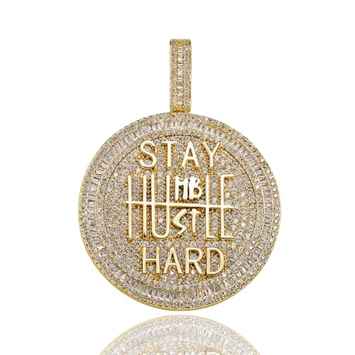 ICEDIAMOND 14K Gold Plated Stay Humble-Hustle Hard Encourage Pendant Necklace, Iced Out CZ Diamond Hip Hop Charm Jewelry for Men Women (Gold)