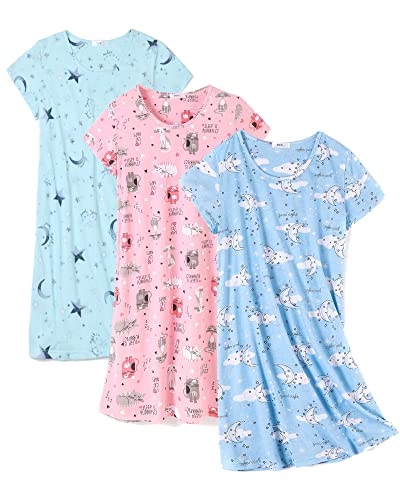 FEREMO 3 Pack Nightgowns for Women Soft Cotton Short Sleeve Night Shirts Womens Print Sleep Shirts Sleepwear(Set1,L)