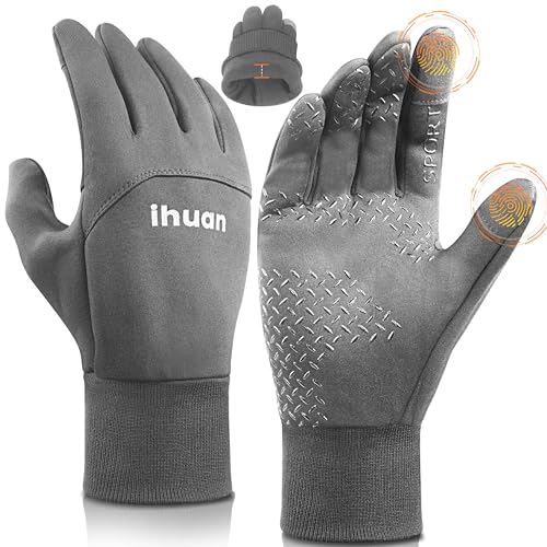 ihuan Winter Gloves for Men Women Touchsreen - Waterproof Warm Glove for Cold Weather, Thermal Gloves Touch Screen Finger for Running Cycling (Grey, Medium)