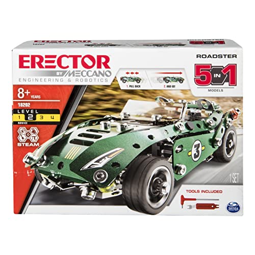 Meccano Erector Roadster 5-in-1 Building Kit, 174 Parts, STEM Engineering Education Toy for Ages 8 and Up