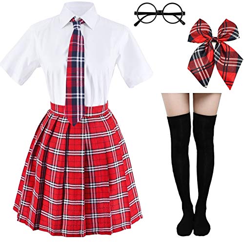 Elibelle Japanese tartan pleated school uniform cosplay costumes with socks eyeglass frame set (Red)(L = Asia XL)(SSF09)