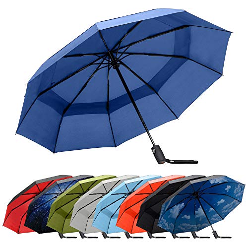 RainPlus Navy Blue Windproof Travel Umbrella - Compact, Automatic, Folding and Portable - Umbrellas For Rain for Men and Women - Car, Backpack, Purse, Strong & Wind Resistant