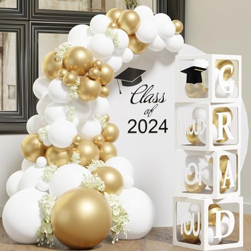 Graduation Decorations Class of 2024,4 Pcs Transparant Balloon Boxes with Letters of GRAD,PROUD OF YOU and 118pcs White Gold Balloons for High School College 2024 Graduation Party Decorations Supplies