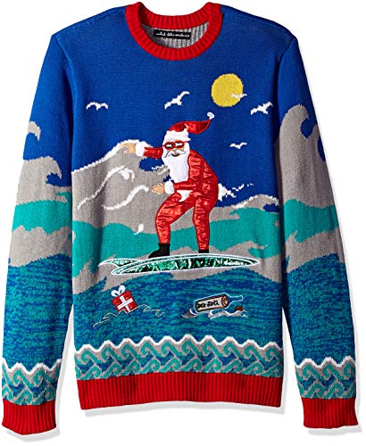 Blizzard Bay Men's Surfing Santa Sweater, Blue, Medium