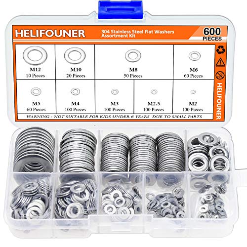 HELIFOUNER 600 Pieces 9 Sizes 304 Stainless Steel Flat Washers Assortment Kit (M2 M2.5 M3 M4 M5 M6 M8 M10 M12)