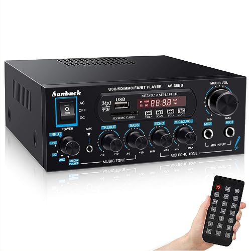 Sunbuck Stereo Receivers with Bluetooth 5.0, 2 Channel Sound Stereo Amplifier, Max 400Wx2, with USB/SD/RCA/MIC/FM in, Remote, Home Theater Audio Stereo System Components, Receiver for Speaker, AS-35BU