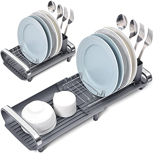 TOOLF Expandable Dish Rack, Compact Dish Drainer, Stainless Steel Dish Drying Rack with Removable Cutlery Holder, Anti Rust Plate Rack, Small Sink Drainer for Sink or Kitchen Countertop