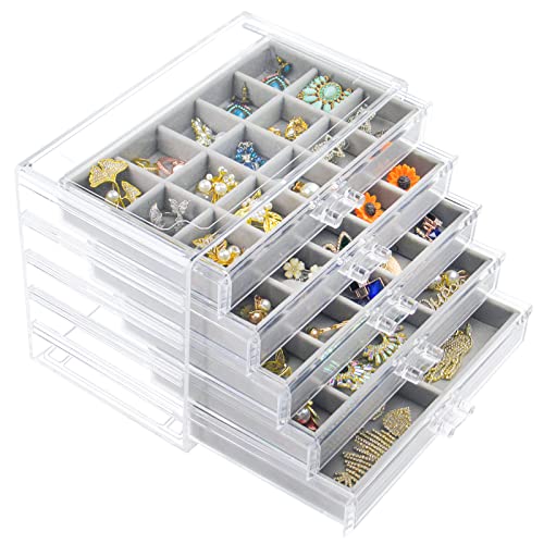 Watpot Acrylic Jewelry Box with 5 Drawers, Clear Earring Storage Organizer Display Case for Women Girls, Gray