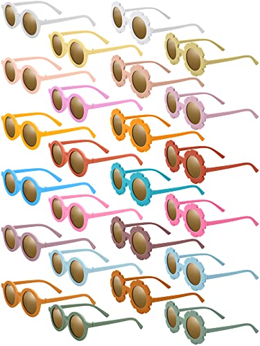 Dunzy 24 Pairs Kids Sunglasses Flower Sunglasses Retro Round Sunglasses for Toddler Girls Boys Beach Party, Aged 3-10 (Vintage Color)