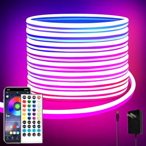 segrass 32.8ft LED neon Lights with Remote APP Control IP65 Waterproof Flexible Neon Strip Lights 24V RGB Rope Lights for Bedroom Room Outdoors Decor