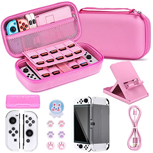 Younik Switch OLED Accessories Bundle, 16 in 1 Switch Accessories Kit Includes Switch OLED Carrying Case, Protective Case Cover for Console & J-Con, Screen Protector, Adjustable Stand Switch Game Case
