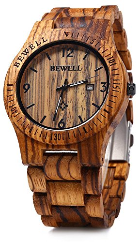 BEWELL ZS-W086B Mens Wooden Watch Analog Quartz Movement Date Display Lightweight Wood Wrist Watch (Zebra Wood)