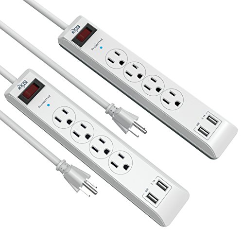 KMC 4-Outlet Surge Protector Power Strip 2-Pack, Overload Protection, 4-Foot Cord with 2.4A 2-Port USB Ports, ETL Listed