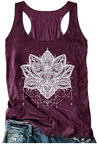 Womens Mandala Vintage Graphic Racerback Tank Tops Summer Casual Loose O-Neck Tanks Vest Vacation Classic-Fit Shirt Cami (Purple, Large)