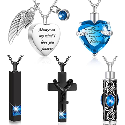 Fumete 5 Pcs Urn Necklace for Ashes Keepsake Cremation Heart Cross Cubic Jewelry for Ashes Stainless Steel Memorial Locket Ashes Keepsake Necklace for Women Men Loved Ones, 5 Styles (Lake Blue)