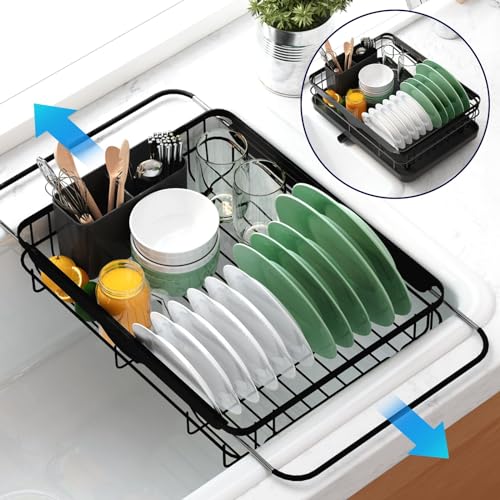 Kitsure Dish Drying Rack- Space-Saving Dish Rack, Dish Racks for Kitchen Counter and Sink, Stainless Steel Kitchen Drying Rack with a Cutlery Holder,12''W x 14''~23''L, Black
