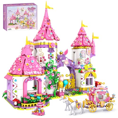 Girls Princess Castle Building Toys, Dream House Building Blocks Kit, Pink Princess Castle and Carriage Building Toys Set with DIY Diamond Stickers Gift for Girls Kids Age 6-12 Years Old(1460 PCS)