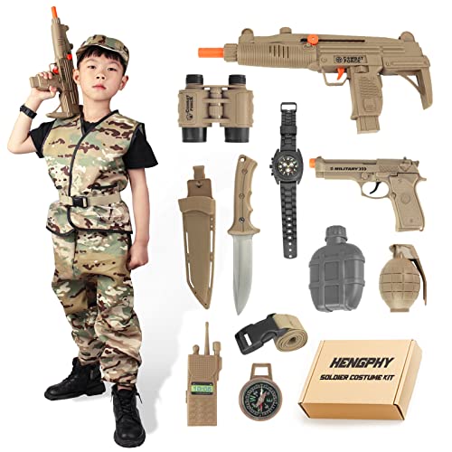HENGPHY Army Halloween Costume for Boys Soldier Kit, Deluxe Military Camouflage Dress Up Halloween Role Play Set for Kids Aged 4-8