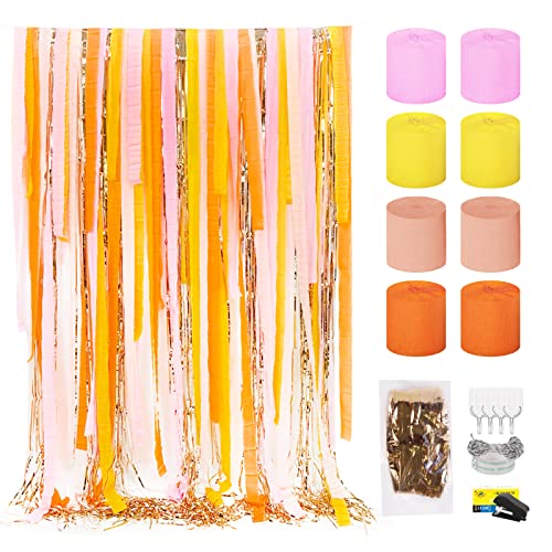 Orange Yellow Streamers Party Decorations,Crepe Paper Streamers 8Rolls with Tinsel Curtain Party Backdrop Glitter,Set of Yellow Streamers in 6 Pastel Colors,Photo Booth for Birthday,Wedding Party