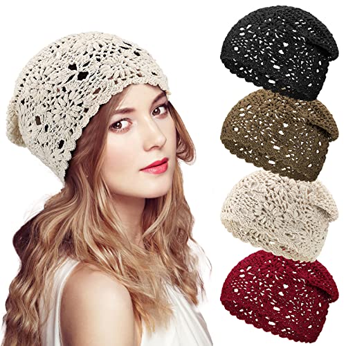 JenPen 4 Pieces Crochet Slouchy Beanie Hat Fall Handmade Knit Floral Skull Cap Cotton Cutout Summer Hats for Women Lightweight One Size