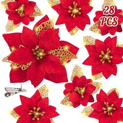 Geefuun 28PCS Christmas Tree Decorations: Poinsettias Artificial Flowers Ornaments Xmas Red Glitter Flower with Clips,3 Sizes(Not Included Stems)