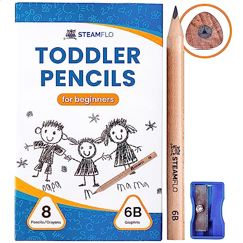 Learning Pencils For Toddlers 2-4 Years–Kids Pencils For Beginners, Toddlers And Preschoolers, Jumbo Triangle Shape With Soft Graphite (8pk+Sharpener)