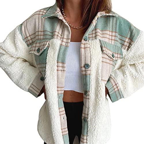 utcoco Women's Flannel Button Down Fleece Jacket Fall Fuzzy Plaid Blouse Jacket Winter Lightweight Coats (XX-Large, Green)