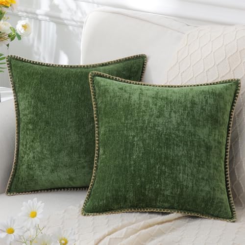 decorUhome Chenille Soft Throw Pillow Covers 18x18 Set of 2, Spring Farmhouse Velvet Pillow Covers, Decorative Square Pillow Covers with Stitched Edge for Couch Sofa Bed, Forest Elf