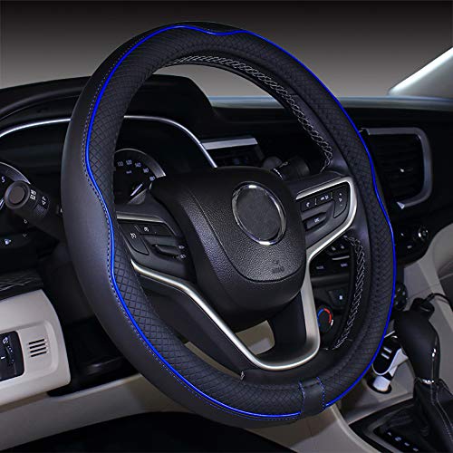 Mayco Bell Universal Standard Size Steering Wheel Cover Anti-Slip,Safety,Soft,Breathable,Durable,Full Surround,Comfortable Grip Microfiber Leather (14.5-15 inch,Black Dark Blue)