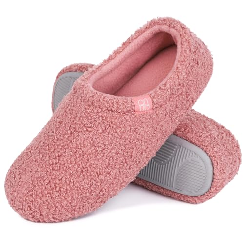 HomeTop Women's Fuzzy Curly Fur Memory Foam Loafer Slippers Bedroom House Shoes with Polar Fleece Lining (10.5, Pink)