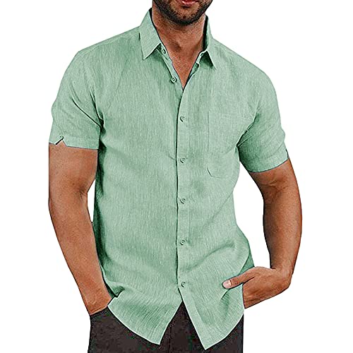 JEKAOYI Button Down Short Sleeve Linen Shirts for Men Summer Casual Cotton Spread Collar Beach Shirts (Green, XX-Large)